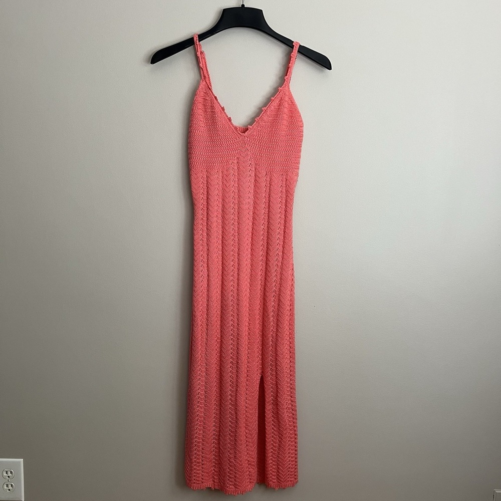 Madden Coral Pink Crochet S Knit Spaghetti Strap Midi Dress Bodycon Side Slit